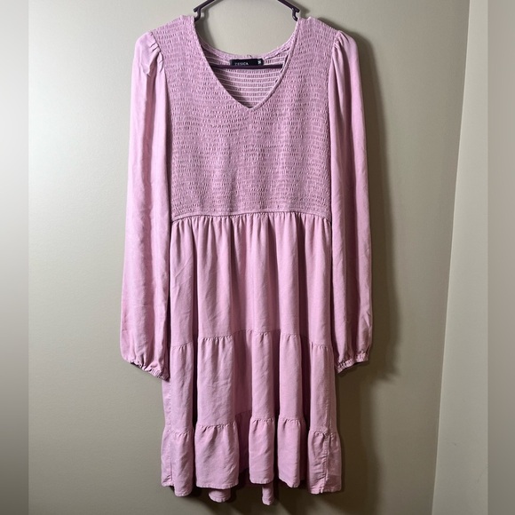 Long Sleeve Smocked Babydoll Ruffle A Line Tiered Mini Dress Size Medium Pink - Picture 4 of 11